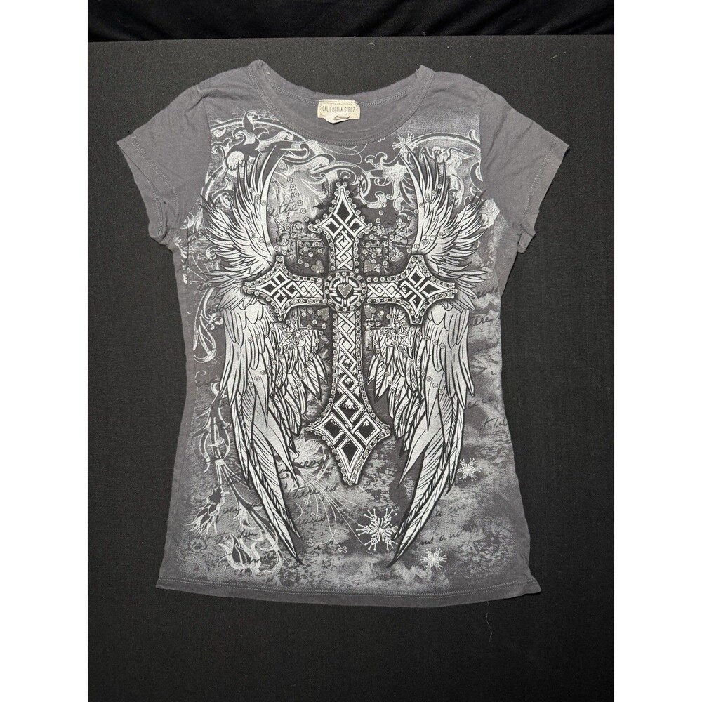 Y2K California Girlz McBling Grunge Glitter Cross Wings Gray Baby Tee Teen S